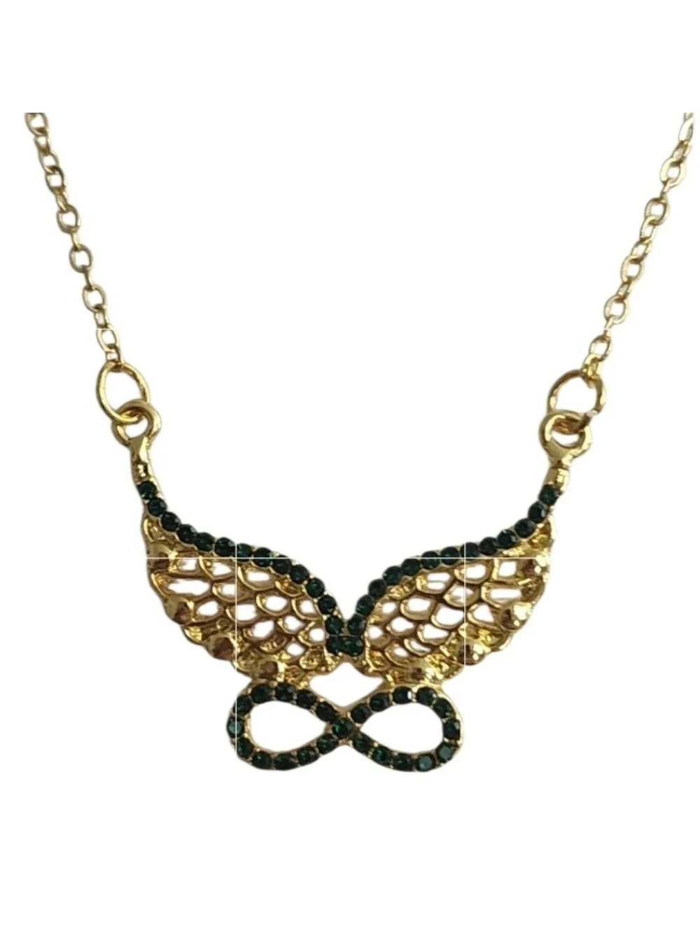 Gold Tone Green Winged Infinity Necklace